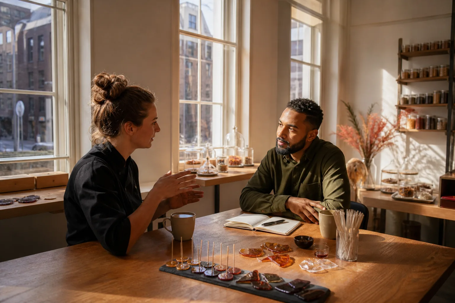 Intakegesprek aan een houten tafel met lollyproevers in het snoepatelier in Rotterdam