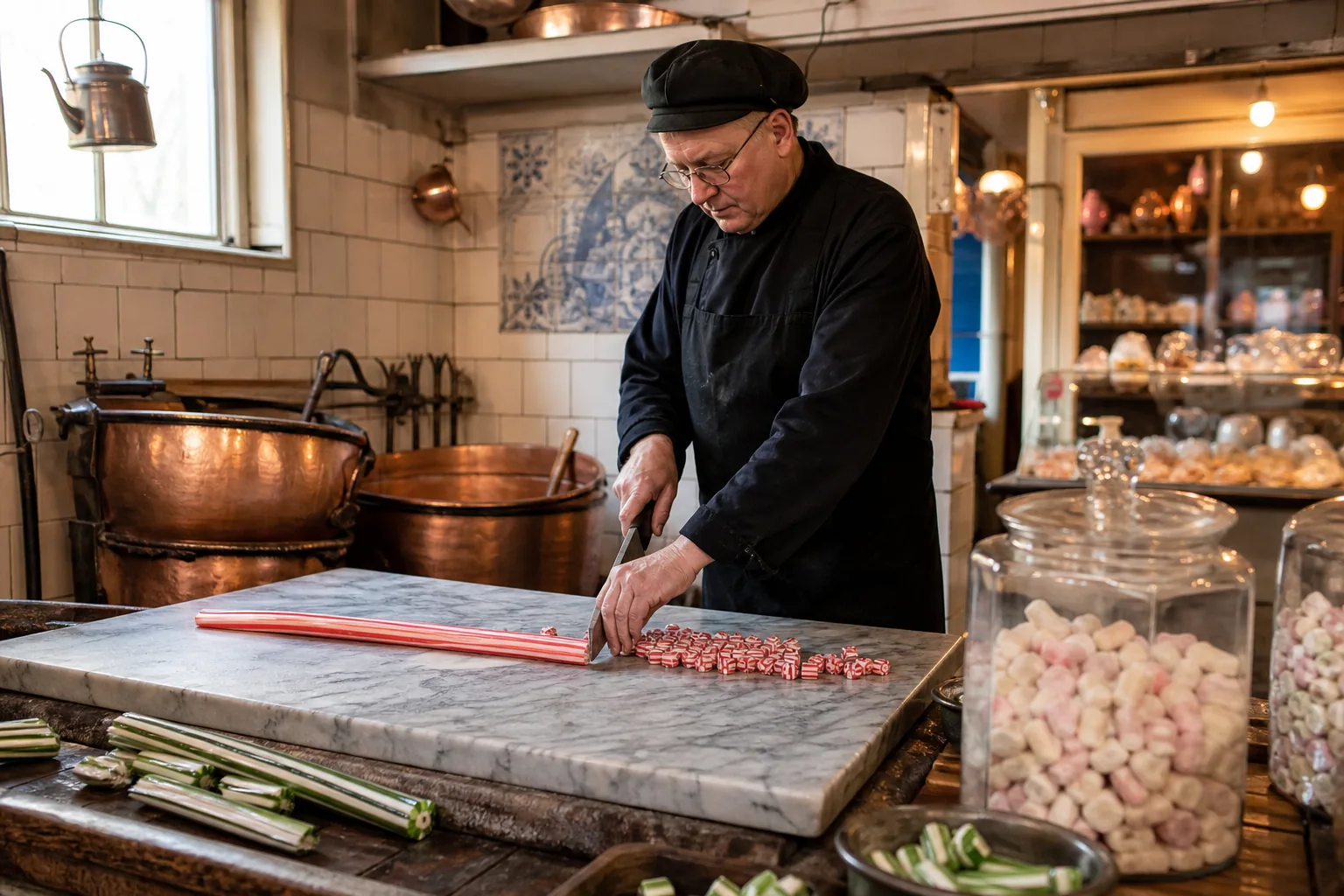 Klassiek gekookt suikerwerk in koperen pannen en op marmer in het Rotterdamse snoepatelier